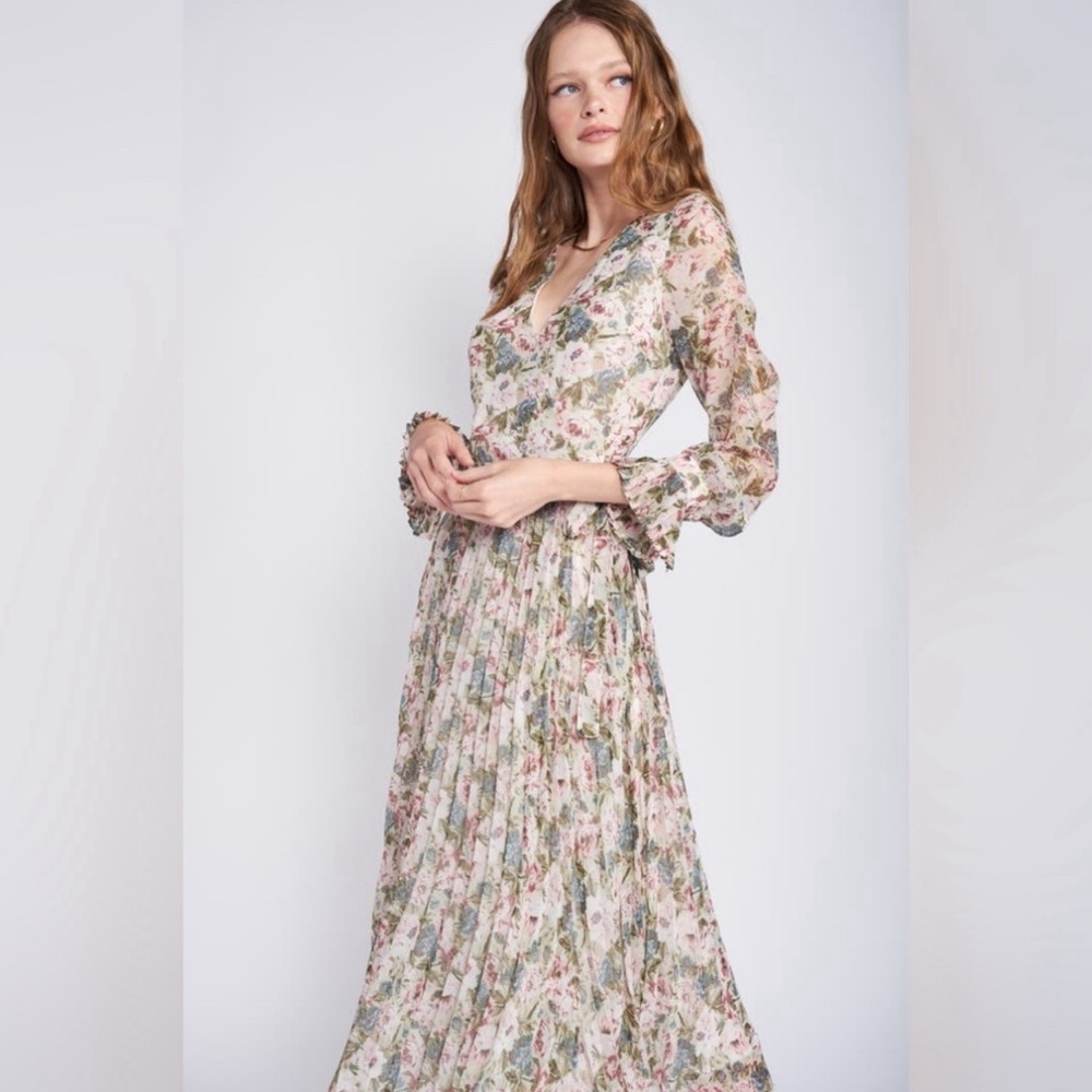 En Saison Floral Pleat Long Sleeve Wrap Midi Dress
